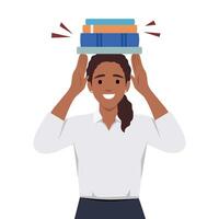 glimlachen meisje met een stapel van boeken Aan haar hoofd. vector