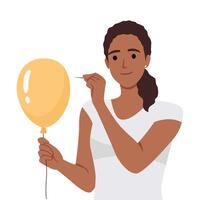 jong vrouw doorboort ballon met naald- en looks vooruit lachend. vector