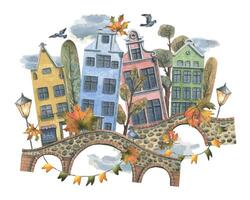 oude Europese huizen zijn kleurrijk, met herfst bomen en bladeren, steen bruggen en lantaarns. hand- getrokken waterverf illustratie. de samenstelling is geïsoleerd van de achtergrond vector