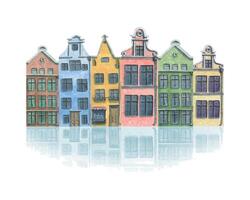 waterverf illustratie van een samenstelling van schattig oud stad- huizen. Europese veelkleurig huizen, bruggen, tekenfilm bomen, straat lamp, duiven, wolken. voor de ontwerp van ansichtkaarten, affiches, banners vector