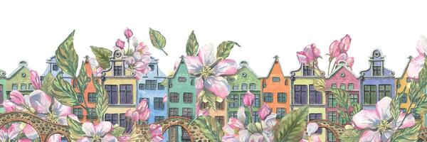 schattig Europese weinig huizen met steen bruggen en lente, roze appel bloeit. waterverf illustratie. een lang banier van de verzameling van Europese huizen. voor decoratie en ontwerp vector