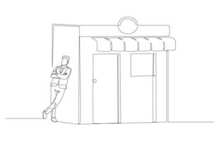 doorlopend een lijn tekening van zakenman leunend tegen op te slaan, openen winkel of beginnend bedrijf eigenaar concept, single lijn kunst. vector