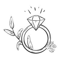 een zwart en wit tekening van een bruiloft ring met een diamant in het vector