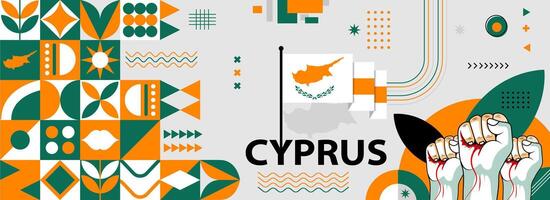 Cyprus nationaal of onafhankelijkheid dag banier voor land viering. Cyprus vlag kaart met verheven vuisten. modern retro ontwerp met typorgaphy abstract meetkundig pictogrammen. vector illustratie