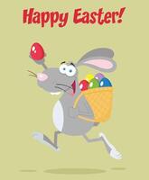grijs Pasen konijn tekenfilm karakter rennen met een mand en ei. vector illustratie vlak ontwerp