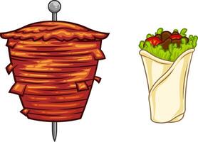 tekenfilm kebab Aan vleespen grillen vlees en doner kebab. vector hand- getrokken illustratie geïsoleerd Aan transparant achtergrond
