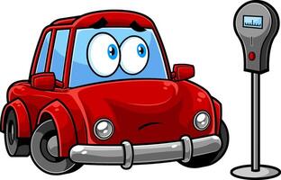 verdrietig rood auto tekenfilm karakter op zoek parkeren meter. vector hand- getrokken illustratie geïsoleerd Aan transparant achtergrond