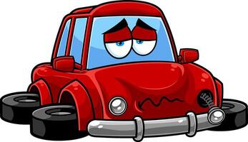 verdrietig rood auto tekenfilm karakter crashte en gebroken voertuig. vector hand- getrokken illustratie geïsoleerd Aan transparant achtergrond