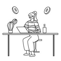 vrouw werken met laptop zittend Aan stoel door tafel, versierd met cactus fabriek en heet koffie, tekening tekenfilm illustratie vector