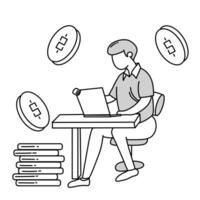 Mens werken met laptop zittend Aan stoel door tafel, werk naar genereren hoog inkomen, tekening tekenfilm illustratie vector