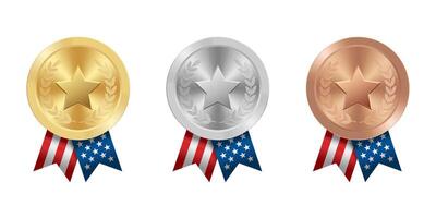 gouden zilver en bronzen prijs sport medaille met Verenigde Staten van Amerika linten en ster vector