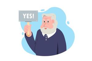 glimlachen ouderen Mens Holding een Ja stemmen teken Aan geïsoleerd achtergrond, vector illustratie.