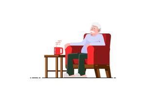 oud Mens ontspannende Aan sofa stoel met rood mok Aan geïsoleerd achtergrond, vector illustratie.