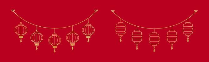 goud Chinese lantaarn hangende slinger set, maan- nieuw jaar en midden herfst festival decoratie grafisch vector