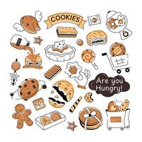 een tekening stijl koekje vector beeltenis divers types van bakkerij voedsel en banketbakkerij items