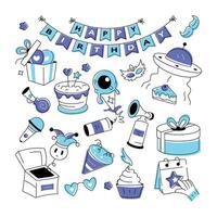 verjaardag vector in tekening stijl met viering elementen, voedsel artikelen, en voetzoekers