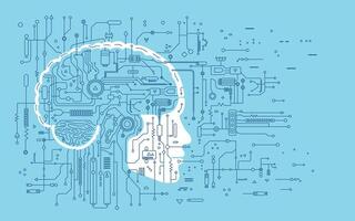 concept van kunstmatig intelligentie- ai en groot gegevens. elektronisch digitaal brein, stroomkring bord en menselijk hoofd schets in vlak stijl Aan een blauw achtergrond. vector