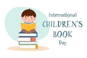 kinderen boek dag concept. een schattig jongen is lezing een boek terwijl zittend Aan een stack van boeken. minimaal banier ontwerpen, vector illustratie sjabloon.