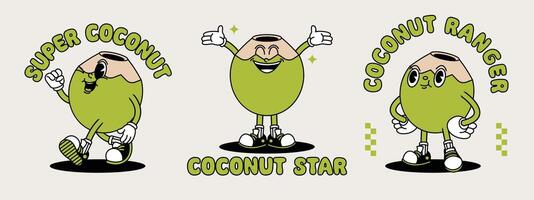 jong kokosnoot retro mascotte met hand- en voet. fruit retro tekenfilm stickers met grappig grappig tekens en gehandschoende handen. vector