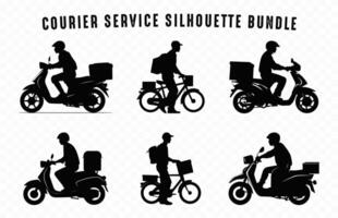 levering Mens draag- een doos Aan motor silhouetten clip art set, koerier onderhoud silhouet zwart vector bundel