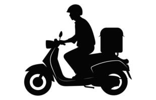 koerier Mens draag- pakket Aan motor silhouet, levering mannen dragen een doos zwart vector