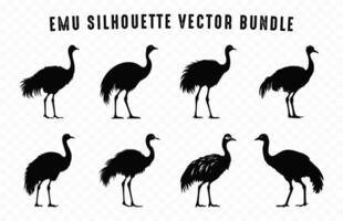 emoe zwart silhouet bundel, struisvogel emoe silhouetten set, Australisch emoe vogel vector verzameling