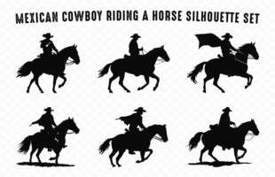 Mexicaans cowboy rijden een paard silhouetten vector set, charro paard zwart silhouet bundel