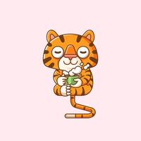 schattig tijger kom tot rust met een kop van koffie tekenfilm dier karakter mascotte icoon vlak stijl illustratie concept vector