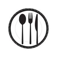 bord, vork en mes icoon in vlak stijl. voedsel symbool geïsoleerd bord icoon. vlak vector illustratie in zwart Aan wit achtergrond. eps 10