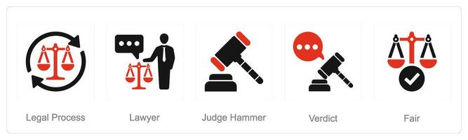 een reeks van 5 gerechtigheid pictogrammen net zo wettelijk werkwijze, advocaat, rechter hamer vector