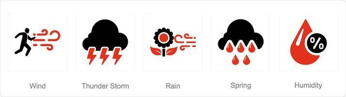 een reeks van 5 mengen pictogrammen net zo wind, onweersbui, regen vector