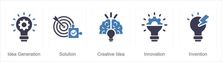 een reeks van 5 idee pictogrammen net zo idee generatie, oplossing, creatief idee vector