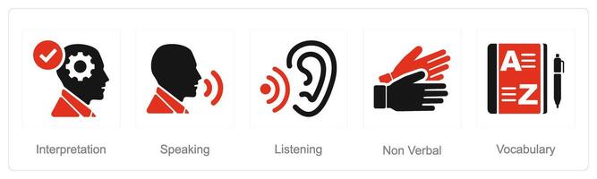 een reeks van 5 taal pictogrammen net zo interpretatie, spreken, luisteren vector