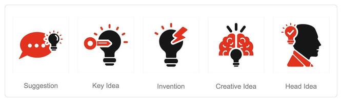 een reeks van 5 idee pictogrammen net zo suggestie, sleutel idee, uitvinding vector