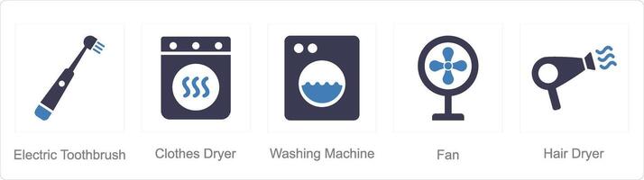 een reeks van 5 huis toestel pictogrammen net zo elektrisch tandenborstel, kleren droger, haar- droger vector