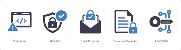 een reeks van 5 cyber veiligheid pictogrammen net zo code kwestie, veiligheid, e-mail bescherming vector