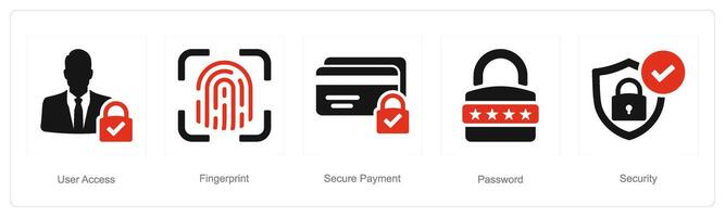 een reeks van 5 cyber veiligheid pictogrammen net zo gebruiker toegang, vingerafdruk, beveiligen betaling vector