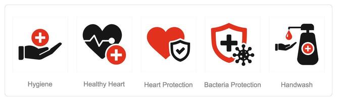 een reeks van 5 hygiëne pictogrammen net zo hygiëne, gezond hart, hart bescherming vector