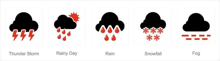 een reeks van 5 mengen pictogrammen net zo onweersbui, regenachtig dag, regen vector