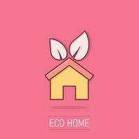 huis met blad icoon in grappig stijl. bloem tuin tekenfilm vector illustratie Aan geïsoleerd achtergrond. ecologie plons effect teken bedrijf concept.