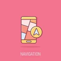 smartphone kaart icoon in grappig stijl. mobiel telefoon GPS navigatie tekenfilm vector illustratie Aan geïsoleerd achtergrond. bevind zich pin positie plons effect bedrijf concept.