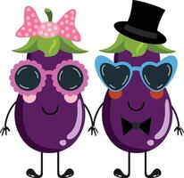 grappig aubergine mascotte paar met zonnebril vector