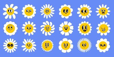 verzameling van prachtig kamille bloemen. retro madeliefje glimlacht in tekenfilm stijl. reeks van gelukkig jaren 70 stickers. vector grafisch illustratie in hip stijl.