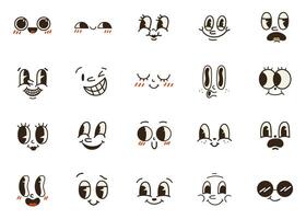 reeks van jaren 70 groovy grappig gezichten vector. verzameling van tekenfilm karakter gezichten, in verschillend emoties, Vrolijk, boos, verdrietig, vrolijk. schattig retro groovy hippie illustratie voor decoratief, sticker vector