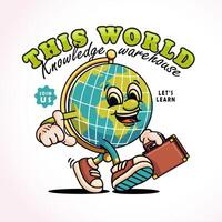 wereldbol wandelen draag- tas, retro mascotte. perfect voor logo's, mascottes, t-shirts, stickers en posters vector