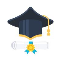 diploma uitreiking pet met rang. diploma rol. Universiteit mate certificaat. vector illustratie