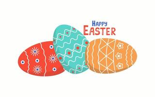 Pasen reeks van geschilderd Pasen eieren. banier, ansichtkaart met de feestelijk opschrift gelukkig Pasen. vector naadloos achtergrond.