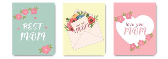 groet hand- getrokken moeder dag kaart set. modieus affiches, web banners of covers met wilde bloemen, madeliefjes, rozen, tulpen boeket. hand- getrokken bloemen kunst sjabloon voor moeders dag, verjaardag, vrouwen dag vector