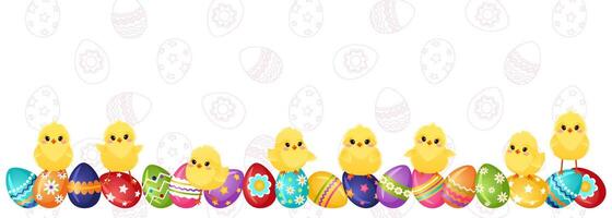 horizontaal banier met Pasen geschilderd eieren en kippen. Pasen achtergrond met ruimte voor tekst. ei jacht. vector illustratie.