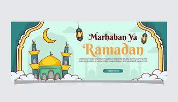 Ramadan kareem Islamitisch illustratie groeten Aan banier Hoes bladzijde sjabloon met Moslim tekenfilm vector